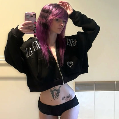 FLICKERING HEART RHINESTONE ZIPUP (BLACK)