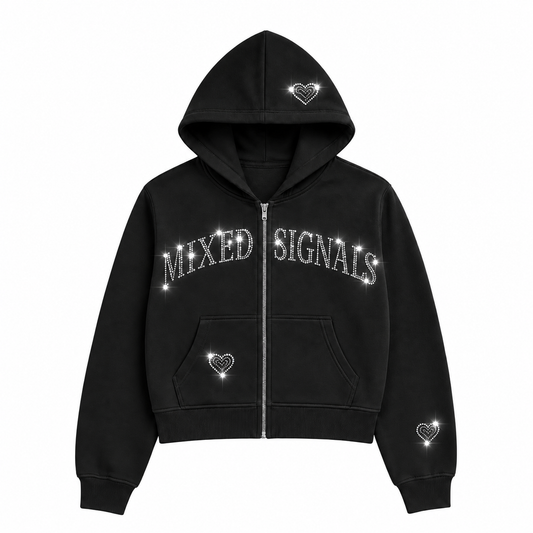 FLICKERING HEART RHINESTONE ZIPUP - BLACK